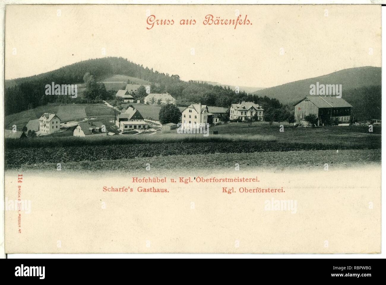 00114-Bärenfels-1898-Hofehübel und Oberförsterei, Scharfes Gasthaus-Brück & Sohn Kunstverlag. Foto de stock