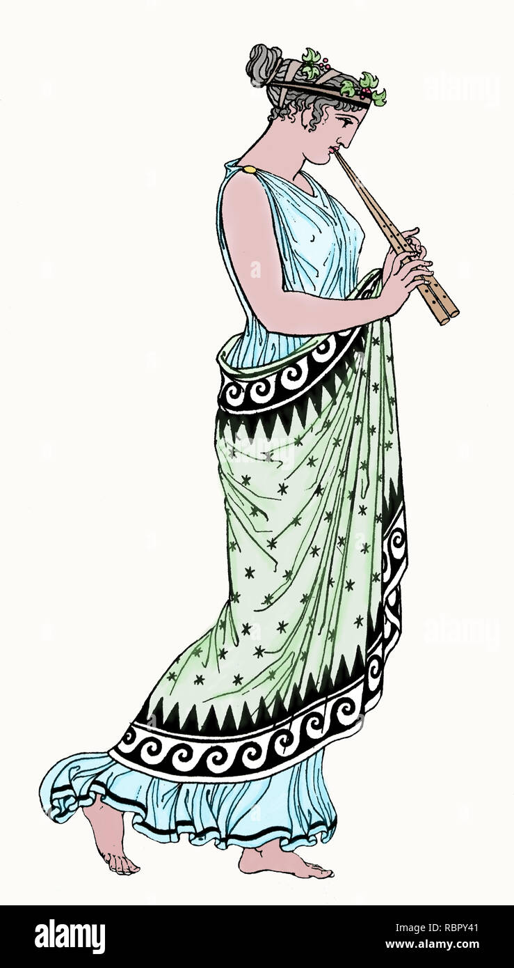Mujer con griego chiton jugando un aulos. Grabado del siglo XIX. Foto de stock