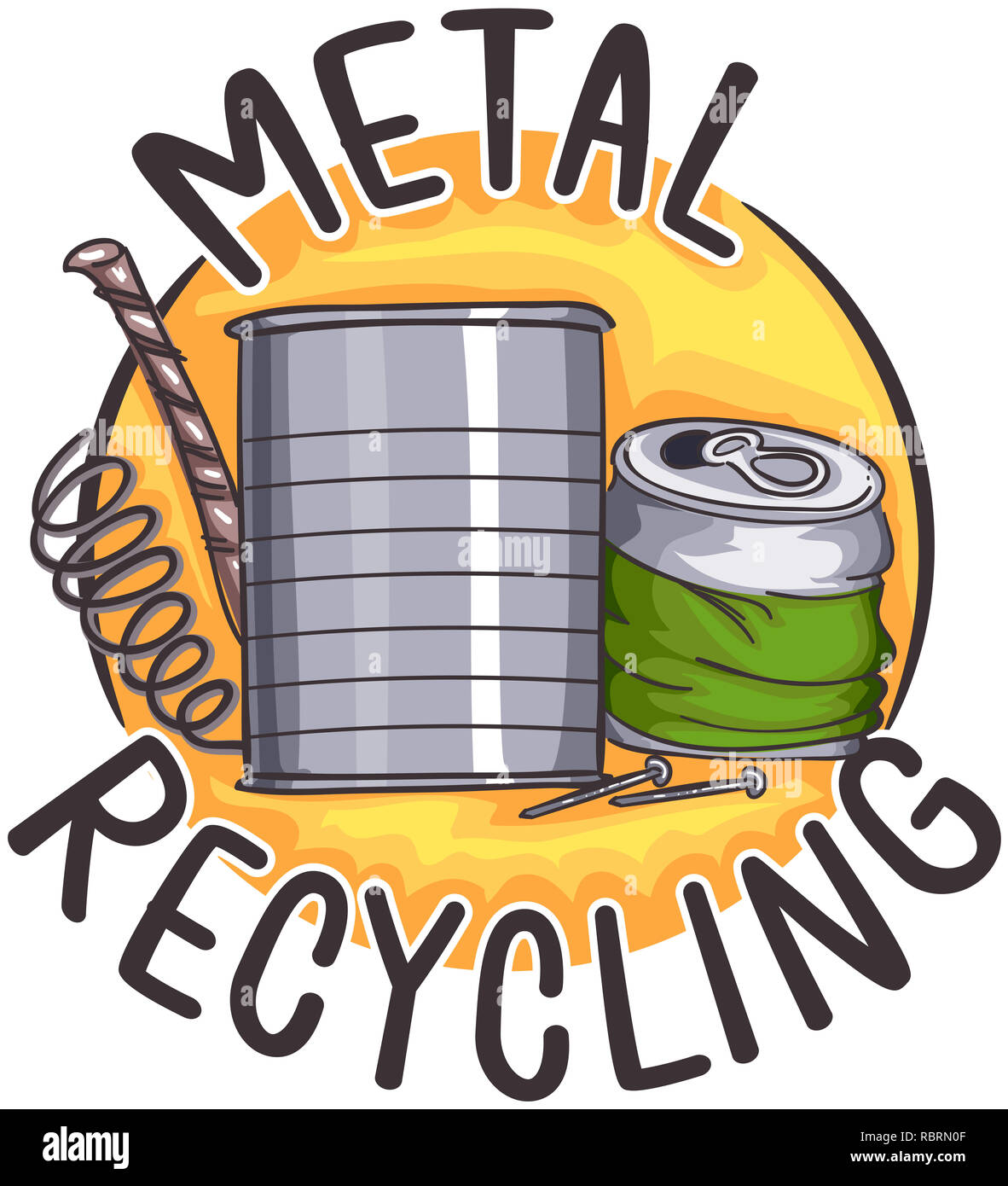 Imagen del icono de reciclaje de metales con latas, clavos, alambre y
