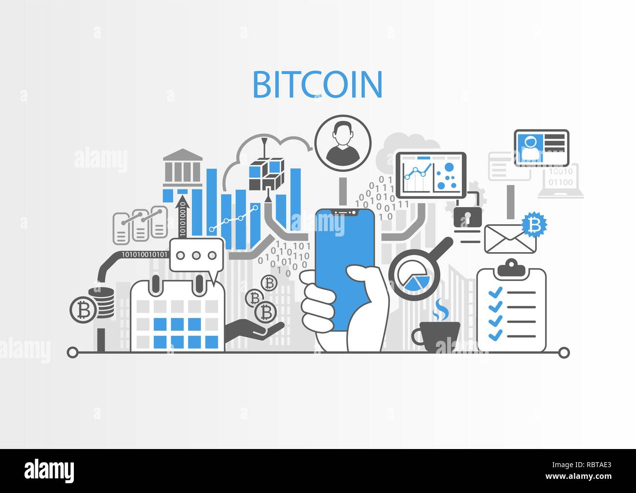 Concepto Bitcoin mano sujetando con bisel modernos teléfonos inteligentes. Ilustración del Vector