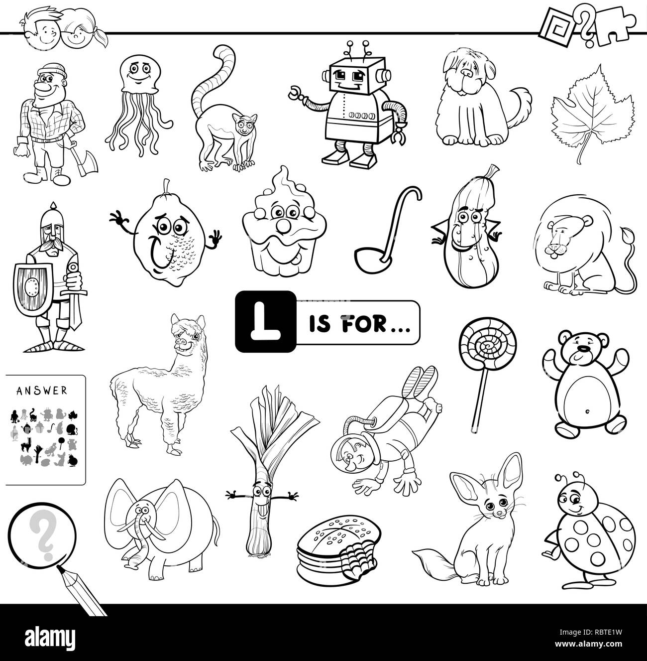 Ilustración caricatura en blanco y negro de encontrar la imagen que empiezan  con la letra L Juego educativo Libro Libro para colorear para los niños  Imagen Vector de stock - Alamy