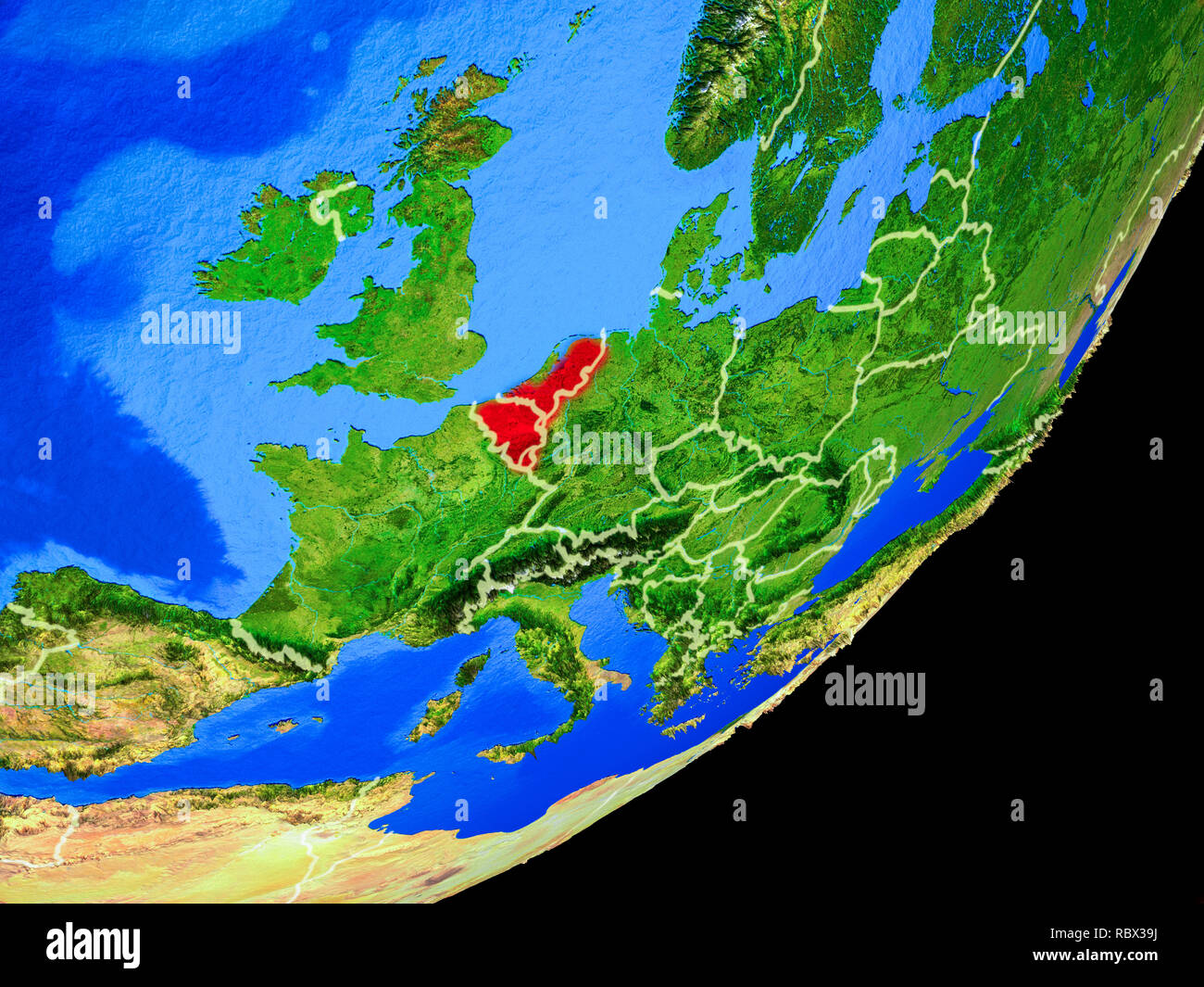 Unión del Benelux en el planeta Tierra en las fronteras del país y altamente detallados de la superficie del planeta. Ilustración 3D. Los elementos de esta imagen proporcionada por la NASA. Foto de stock