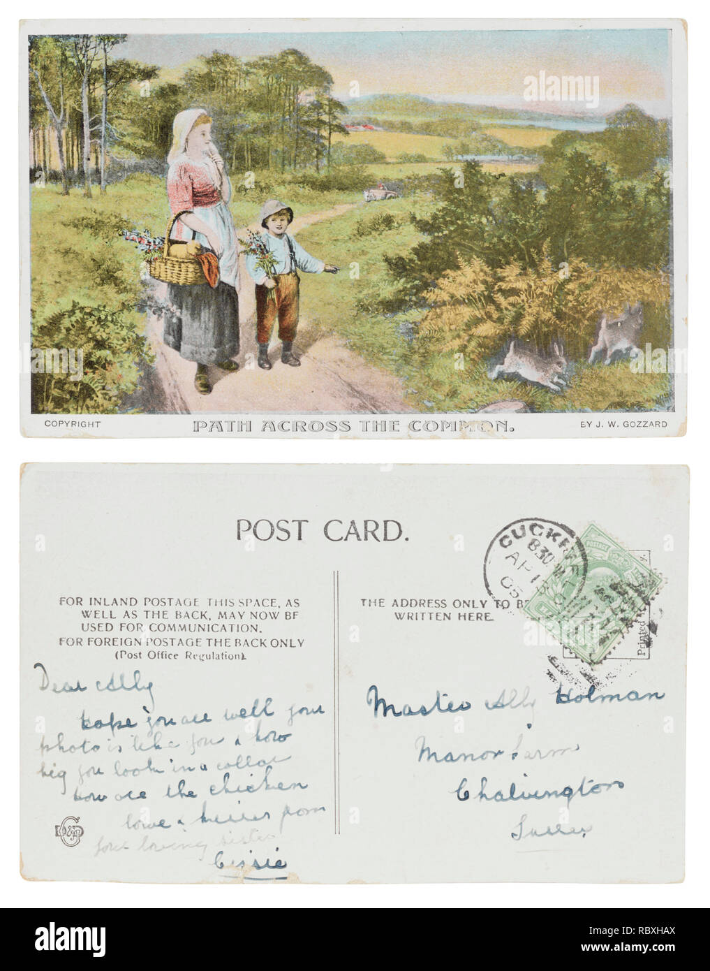 Cruzando la ruta postal común enviados desde Cissie en Cuckfield en abril de 1908 a su hermano pequeño aliado Homan, Manor Farm, Chalvington, Sussex Foto de stock
