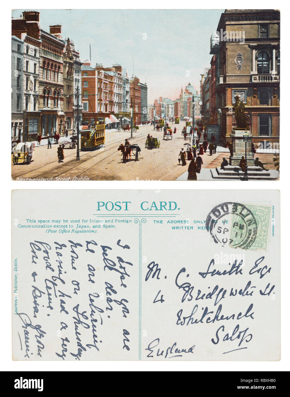 Tarjeta postal de Westmoreland Street, Dublin al Sr. C Smith Esq, 4 Bridgewater Street, Whitchurch, Salop, en septiembre de 1907 Foto de stock