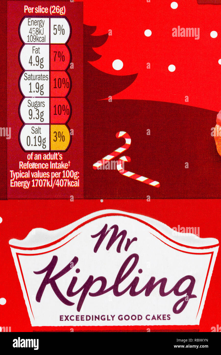 Información nutricional GDA, ingesta de referencia de RI, sistema de luces  de tráfico sobre paquete de Mr Kipling 8 raspberry & Vanilla candy cane  cortes Fotografía de stock - Alamy