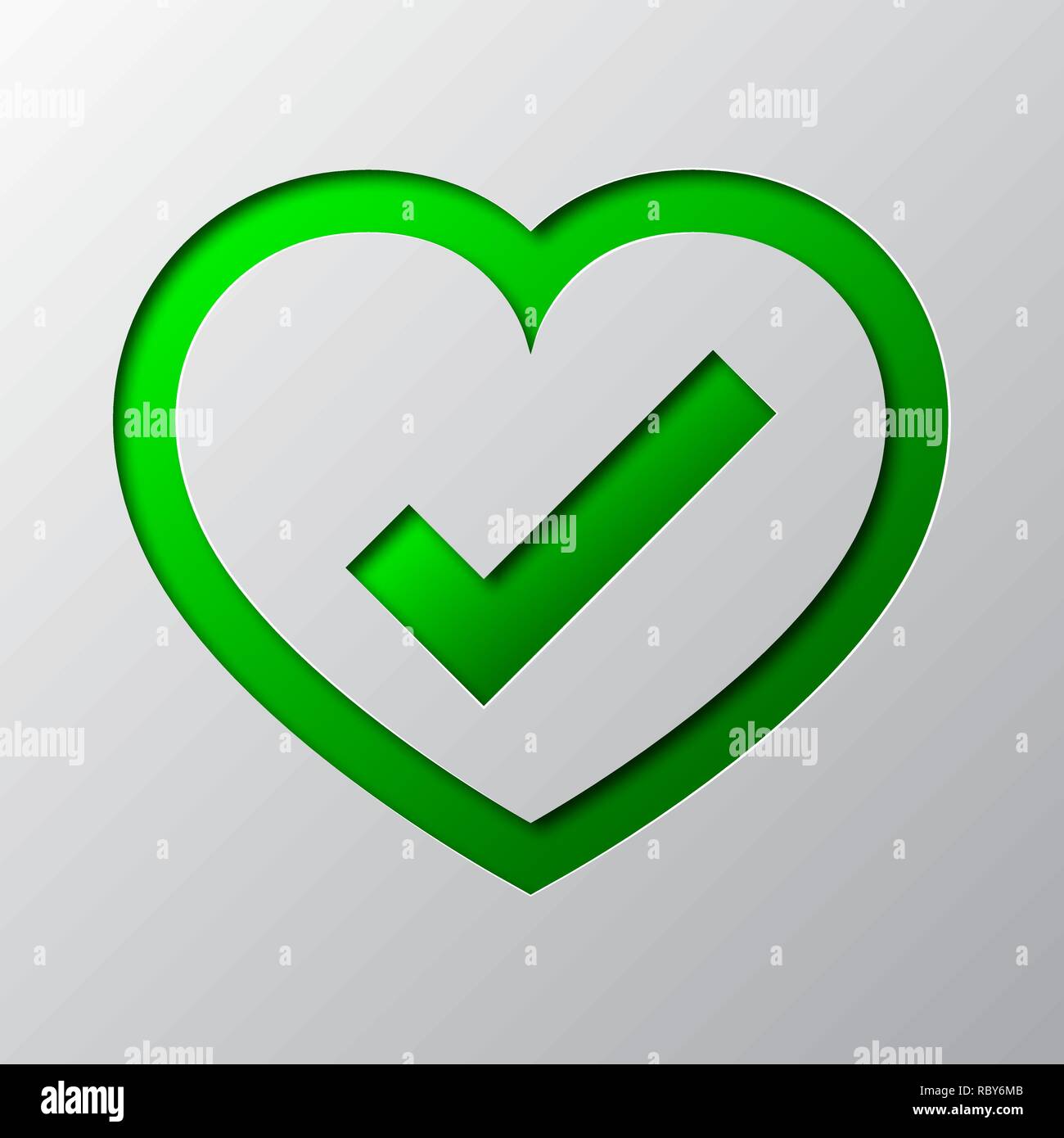 Corazón con marca de verificación es cortar el papel. Ilustración vectorial. Arte de papel el símbolo verde de OK, aislado. Ilustración del Vector