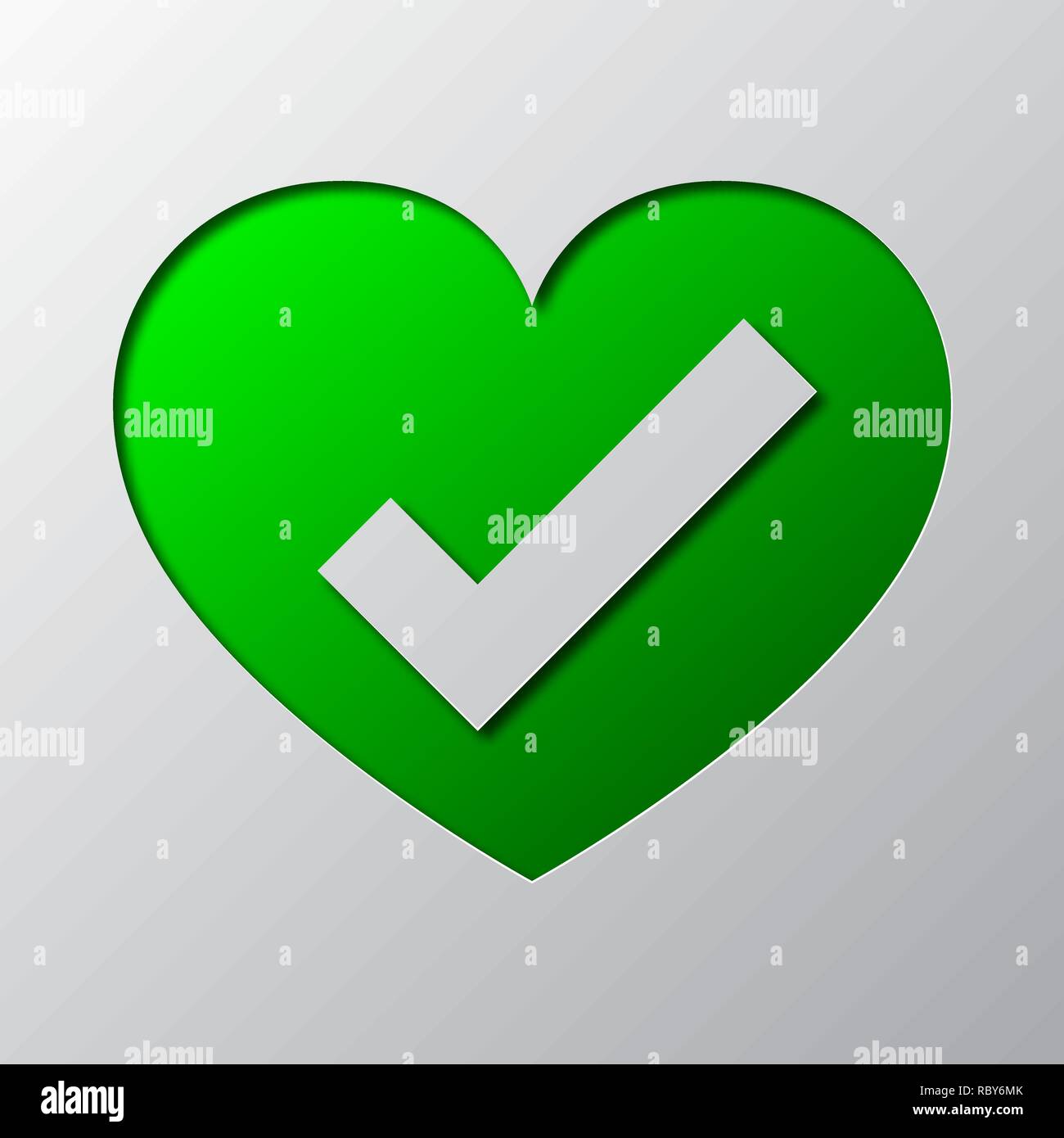 Corazón con marca de verificación es cortar el papel. Ilustración vectorial. Arte de papel el símbolo verde de OK, aislado. Ilustración del Vector