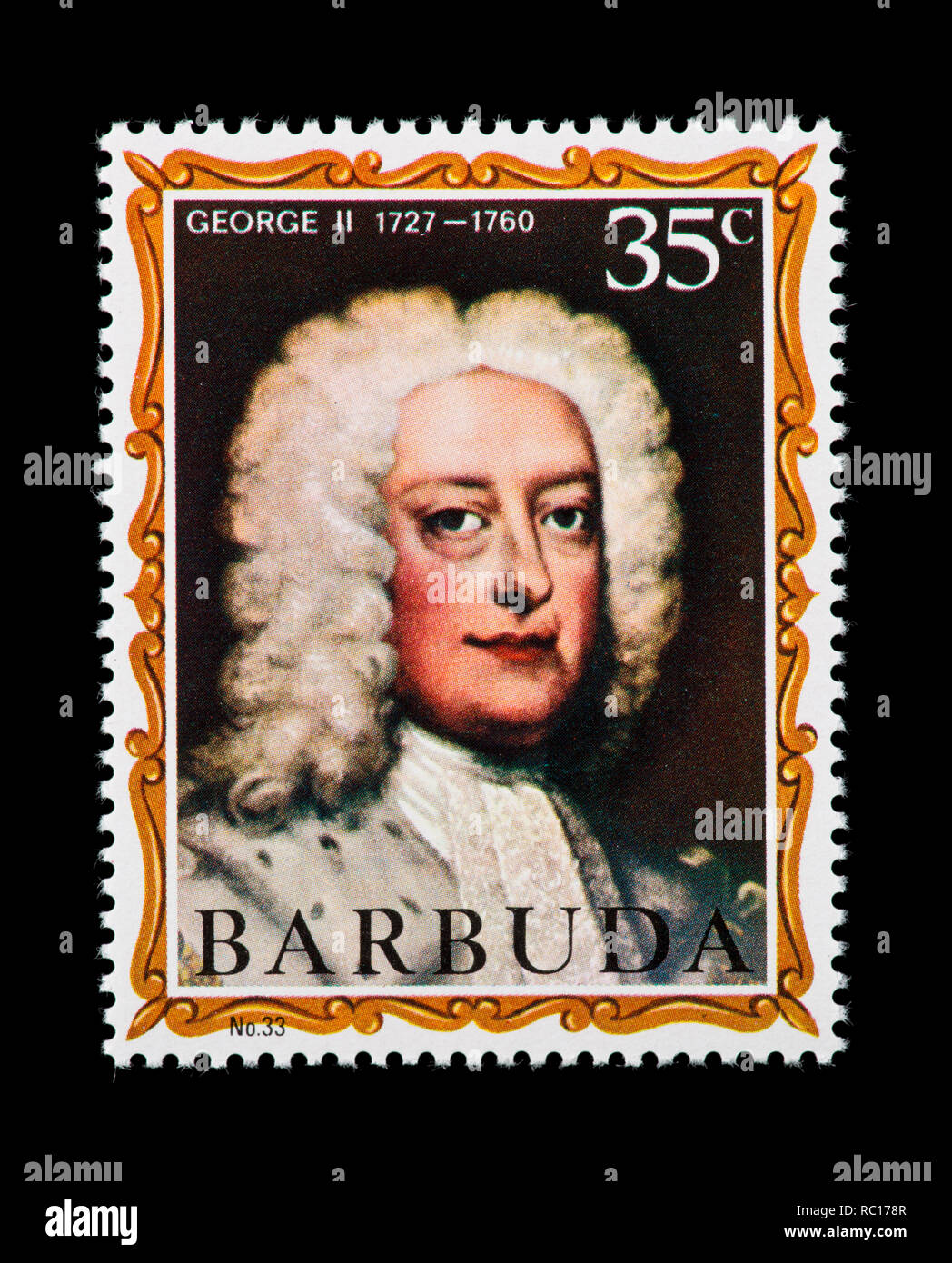 Sello de Barbuda representando a George II, el antiguo rey de Inglaterra Foto de stock