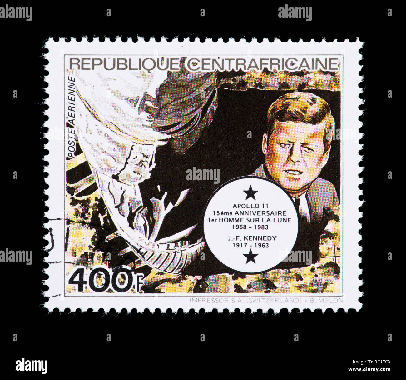 Sello de la República Centroafricana representando a John F. Kennedy Foto de stock