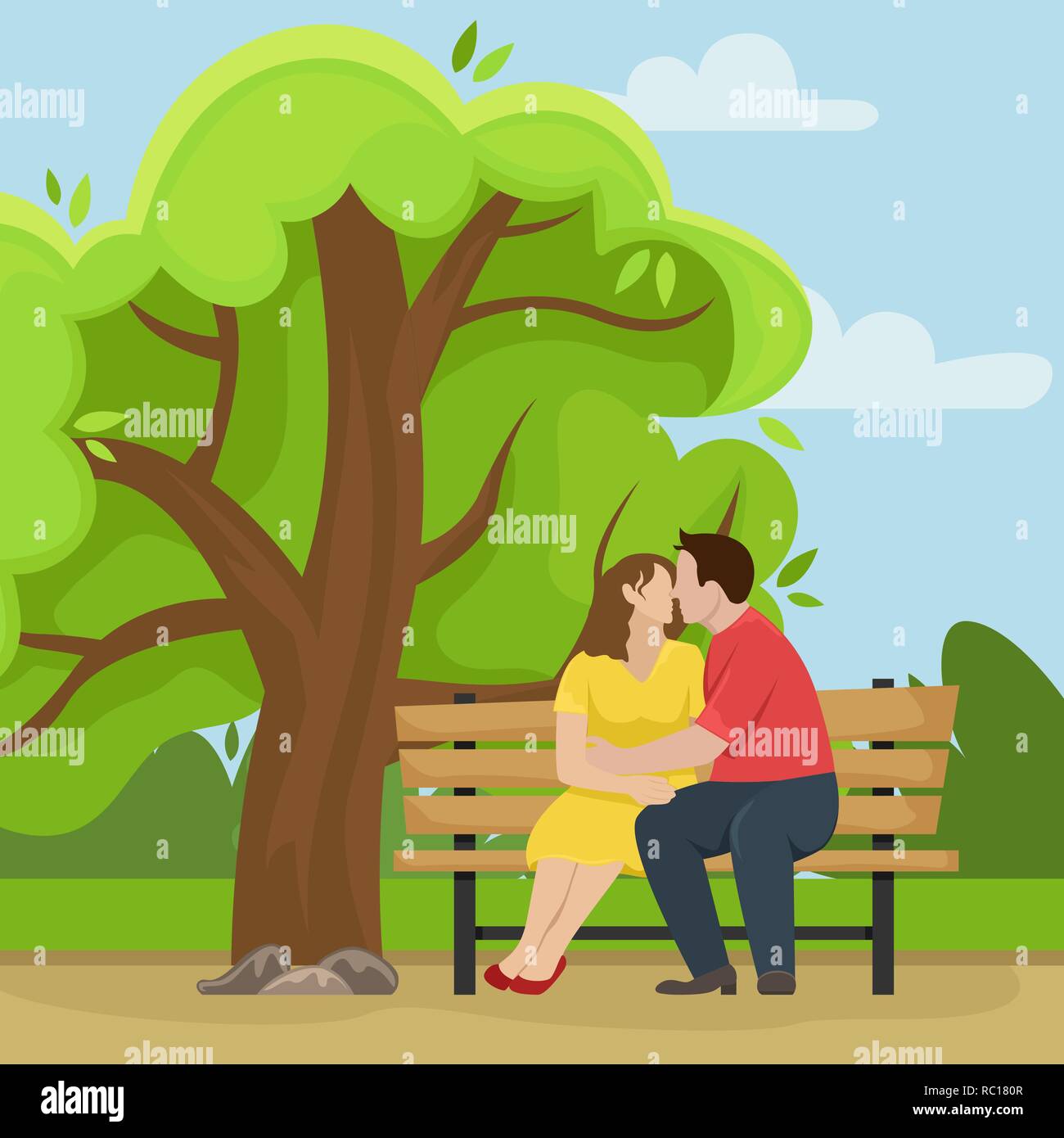 Tierna pareja besándose en un banco de madera en el parque. Flat  ilustración vectorial Imagen Vector de stock - Alamy