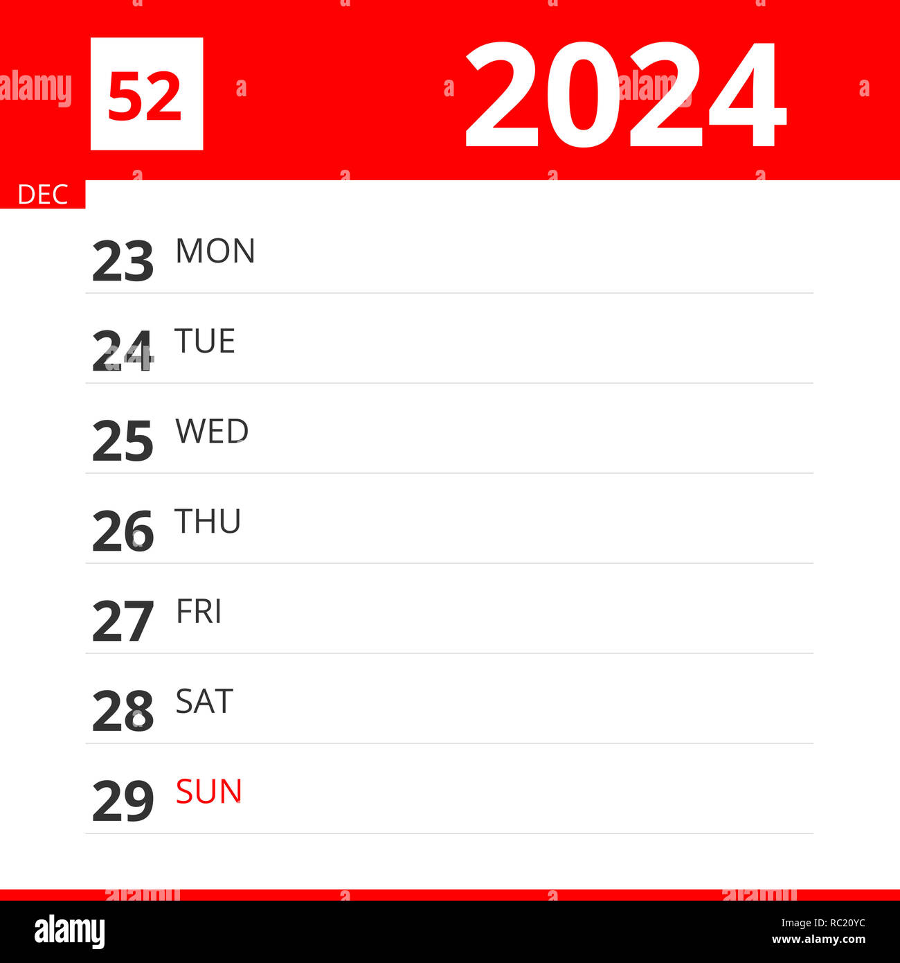 Planificador de calendario para la semana 52 del 2024, termina el 29 de