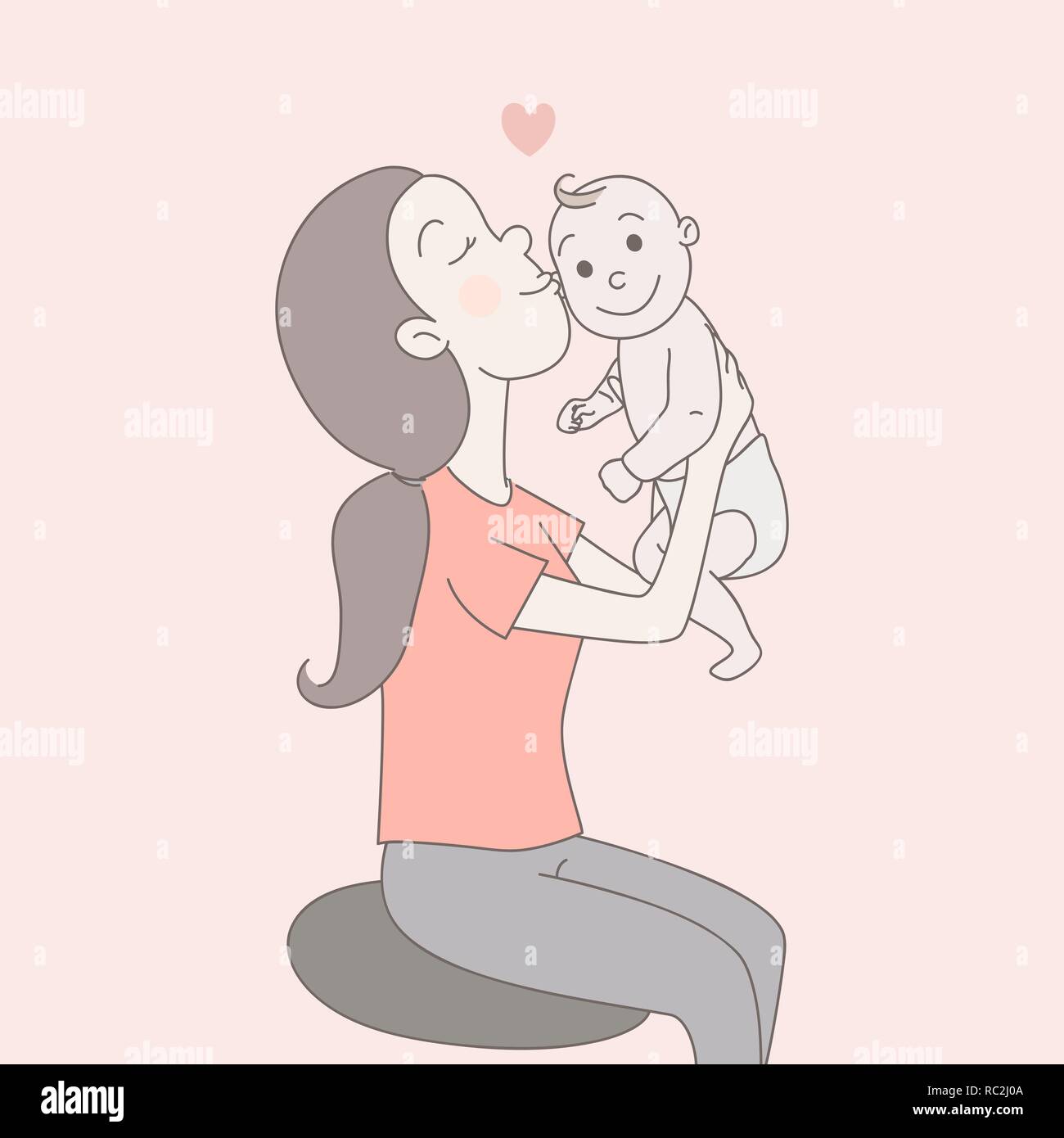 Una Feliz Mama Es La Celebracion Mirando El Bebe Feliz Bebe Recien Nacido Y Besa Con Amor La Paternidad El Concepto De La Felicidad De La Familia Dibujadas A Mano Ilustracion Estilo