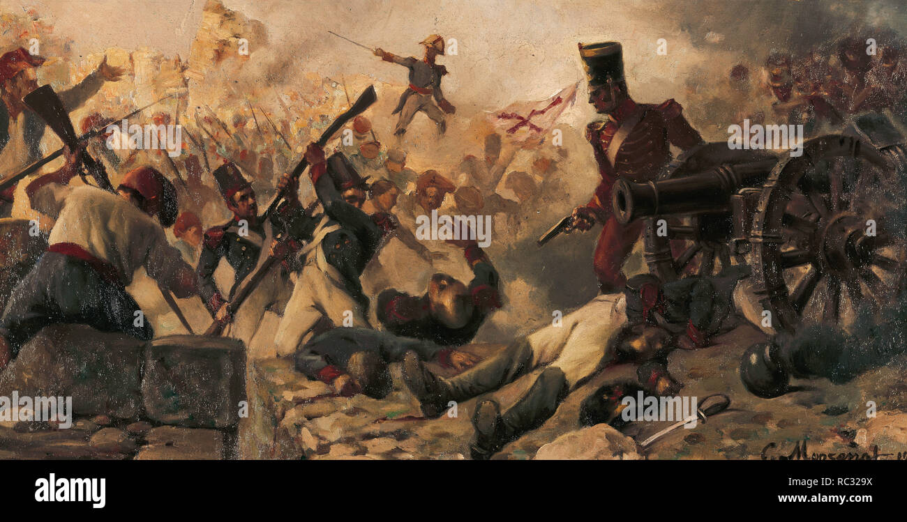 Guerra de la Independencia Española (1808-1814). Las guerras napoleónicas. Asedio de Girona, 1809. 'Defensa de la torre Gironella", por el pintor español Cristóbal Montserrat Jorba i (1869-1935). Esta torre formaba parte de la fortificación. Museo del Ejército. Madrid. España. Foto de stock