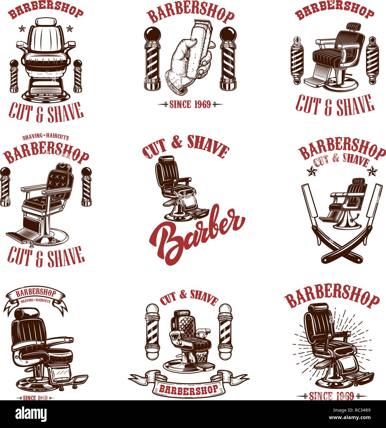 Conjunto De Vintage Barber Shop Los Emblemas Insignias Y Elementos De Diseno Para El Logotipo La Etiqueta El Cartel Ilustracion Vectorial Imagen Vector De Stock Alamy