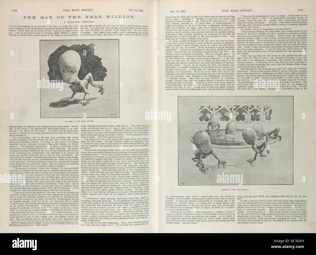 El hombre del año millones. Un pronóstico científico. Cena en el año millones. Pall Mall de presupuesto. Londres, 16 de noviembre de 1893. La ciencia. Un edificio del siglo XIX, previsión de cómo los seres humanos se va a desarrollar en el futuro. Fuente: Presupuesto de Pall Mall, páginas 1796-1797. Idioma: Inglés. Foto de stock