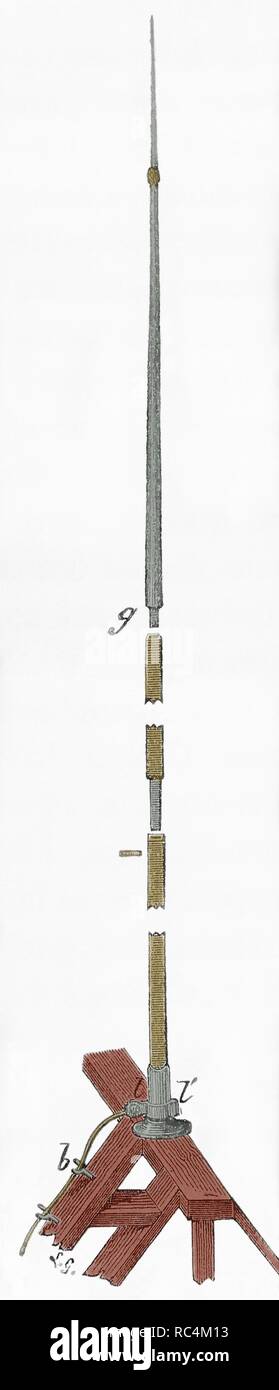 Pararrayos antiguo con una larga barra de hierro. Fue inventado en 1752 por Benjamin Franklin (1706-1790). Grabado en color. Foto de stock