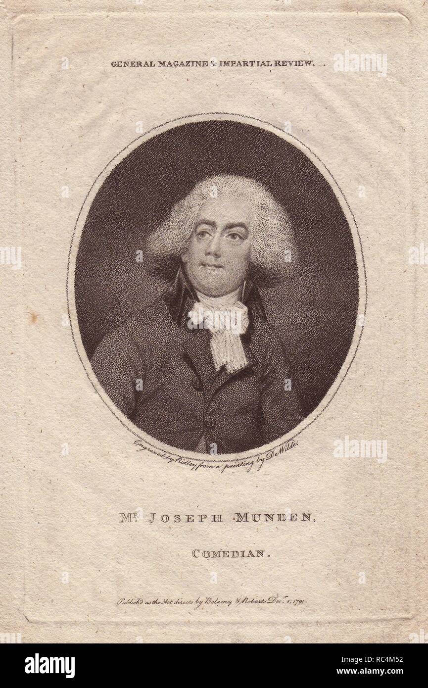 El Sr. Joseph Munden (1758-1832), actor y comediante inglés que apareció en el Drury Lane y Covent Garden. Copperplate retrato de una pintura de Wilde, grabado por Ridley, desde la revista general y revisión imparcial de 1791. Foto de stock