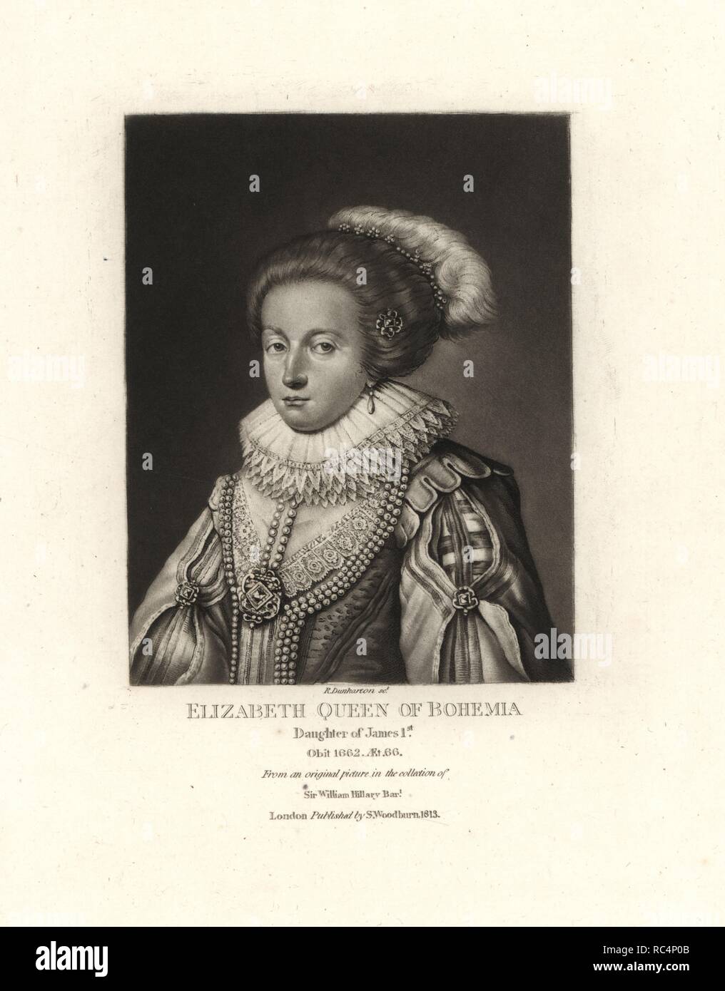 Elizabeth Stuart, reina de Bohemia, hija del Rey Jaime I, muerto 1662. Por Robert Dunkarton Copperplate mezzotint después de una pintura original de Samuel de Woodburn retratos de personajes ilustres de la historia británica, Londres, 1813. Foto de stock