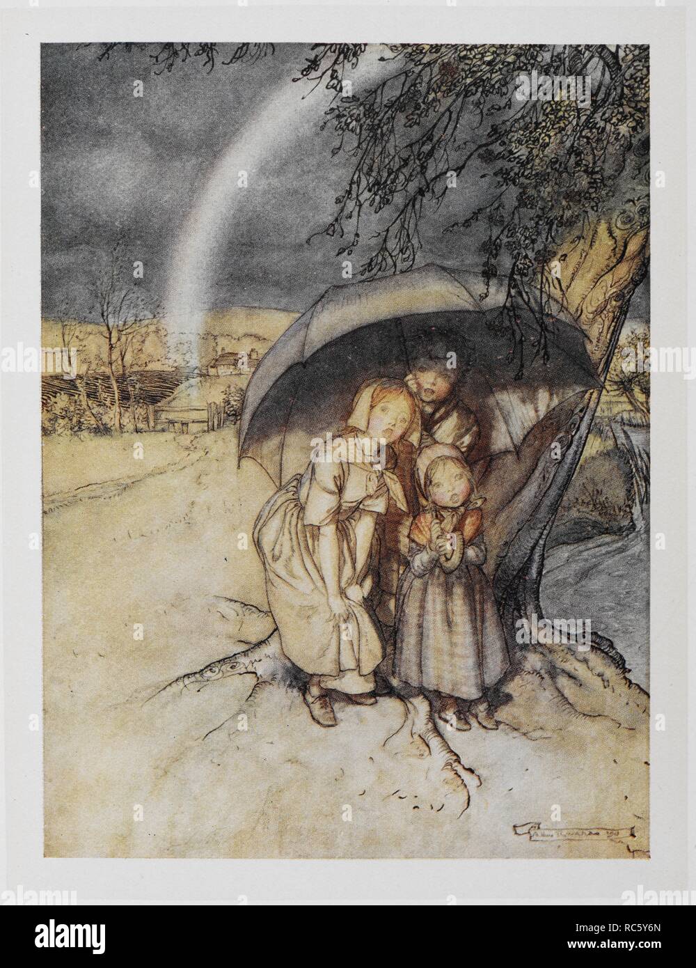 Tres niños refugiarse bajo un paraguas con un arco iris. 'Lluvia lluvia,  vaya a España.". Mamá Oca. Las viejas canciones infantiles. Ilustrado por  Arthur Rackham. Londres : William Heinemann, [1913]. Fuente: 11646.h.32.