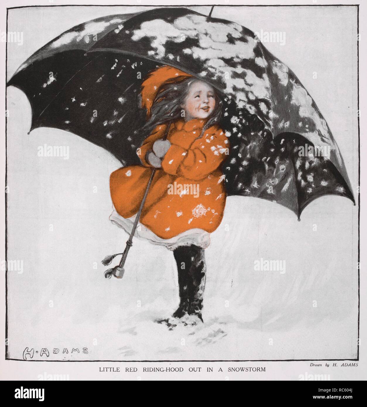 caperucita roja en una tormenta de nieve". Una niña de pie en la nieve, sosteniendo un paraguas. Ámbito : un periódico ilustrado para el hogar. Londres, 1909. Fuente: Sphere, 22