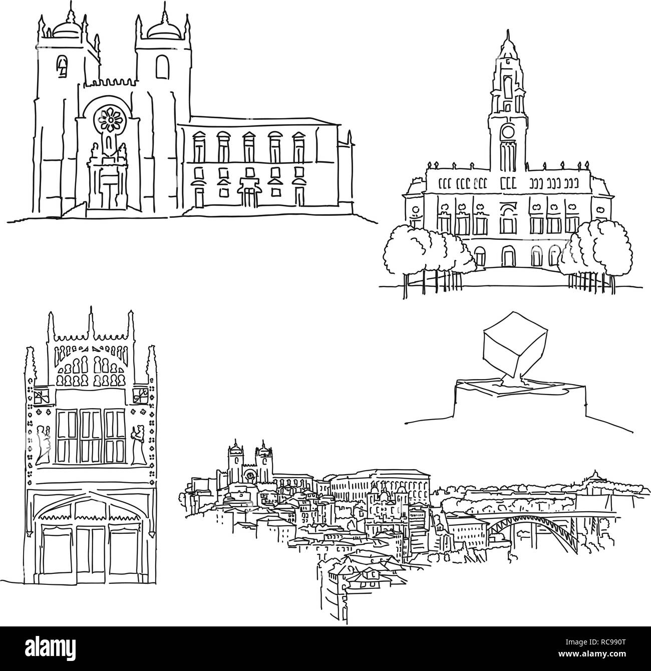 Porto Portgal arquitectura histórica. Dibujado a mano ilustración vectorial. La famosa serie de destinos de viaje. Ilustración del Vector