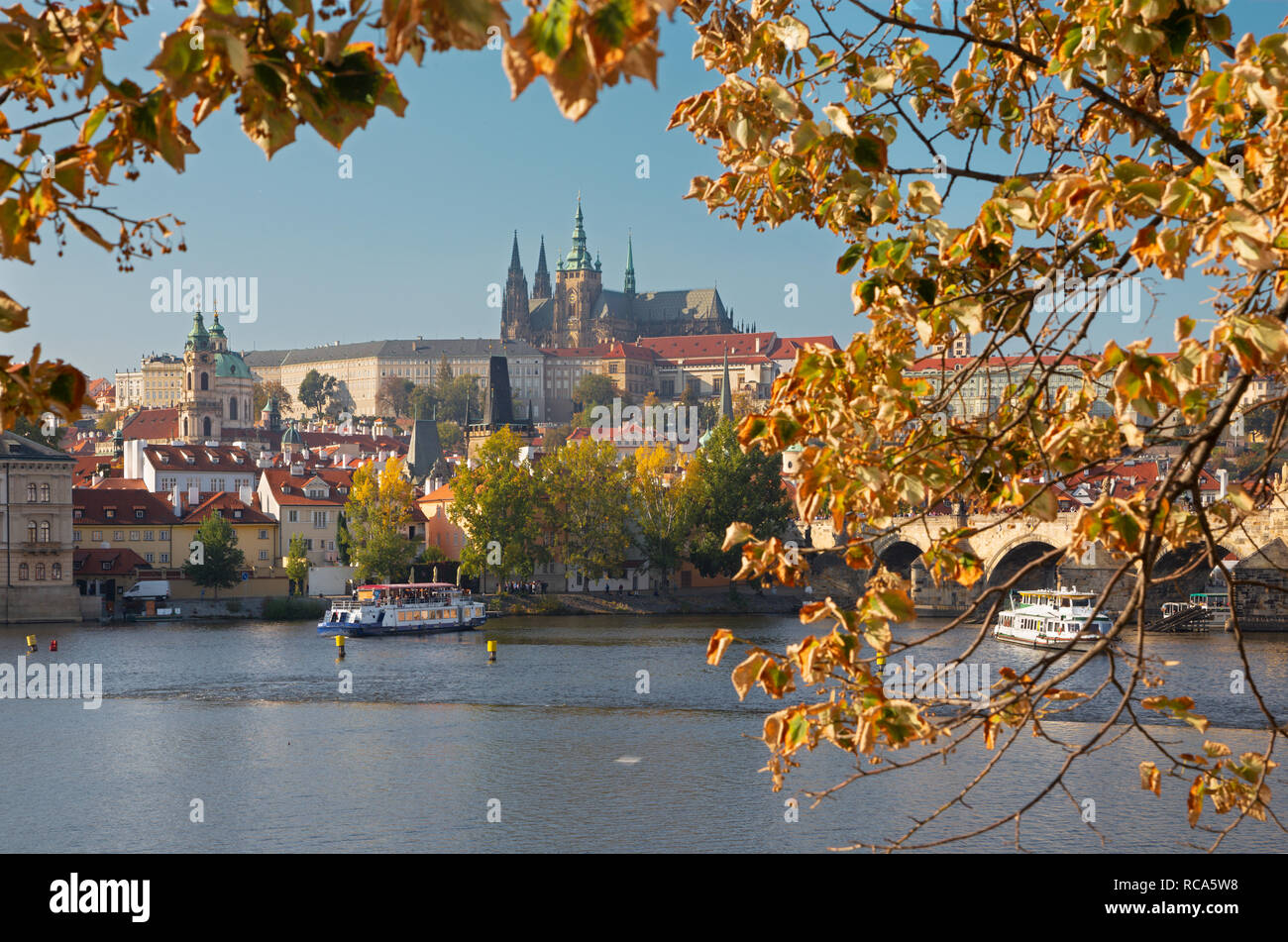 - El Castillo de Praga y la Catedral cone el río Vltava y el otoño las hojas. Foto de stock