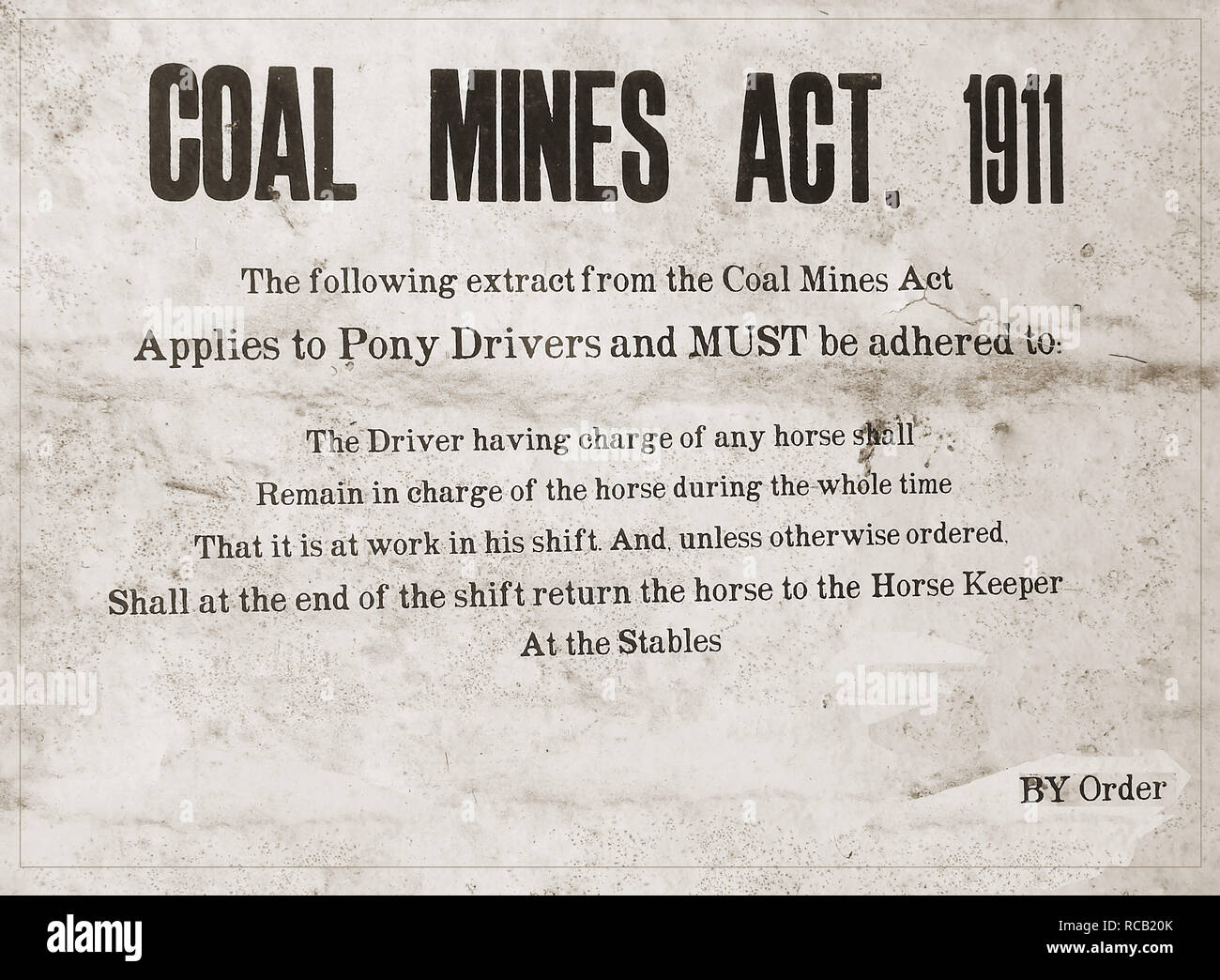 Minas de carbón británicas anuncio 1911 - Pit pony reglamentos Foto de stock