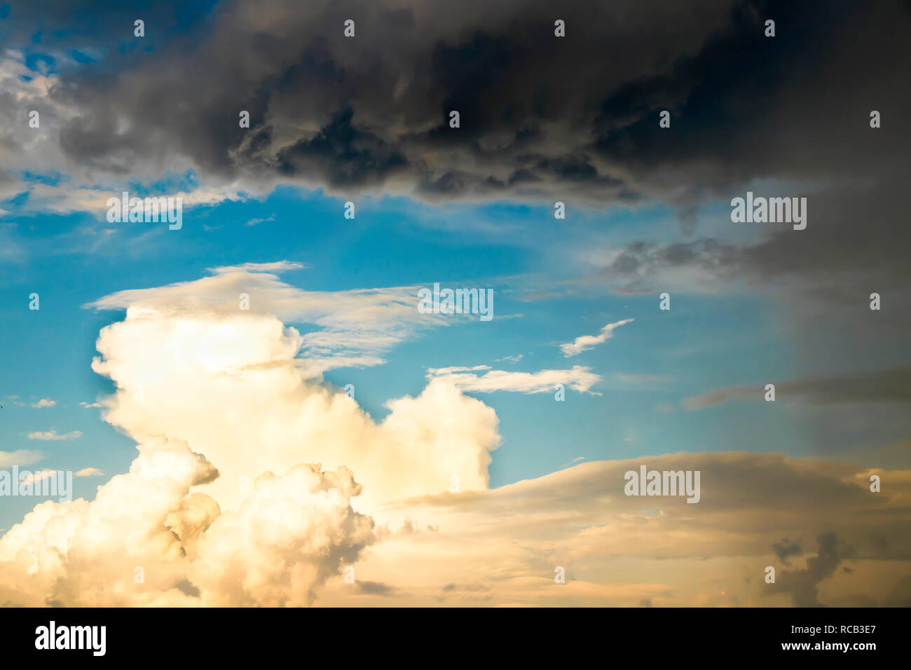 La fuerza de la naturaleza: el cielo nublado en dramático contraste de soleado y oscuras nubes de lluvia mostrar rápido cambios meteorológicos durante el viento fuerte en verano Foto de stock