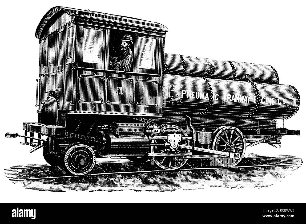 Locomotora accionada por aire comprimido según el sistema por Robert Hardie, histórico grabado, 1888 Foto de stock
