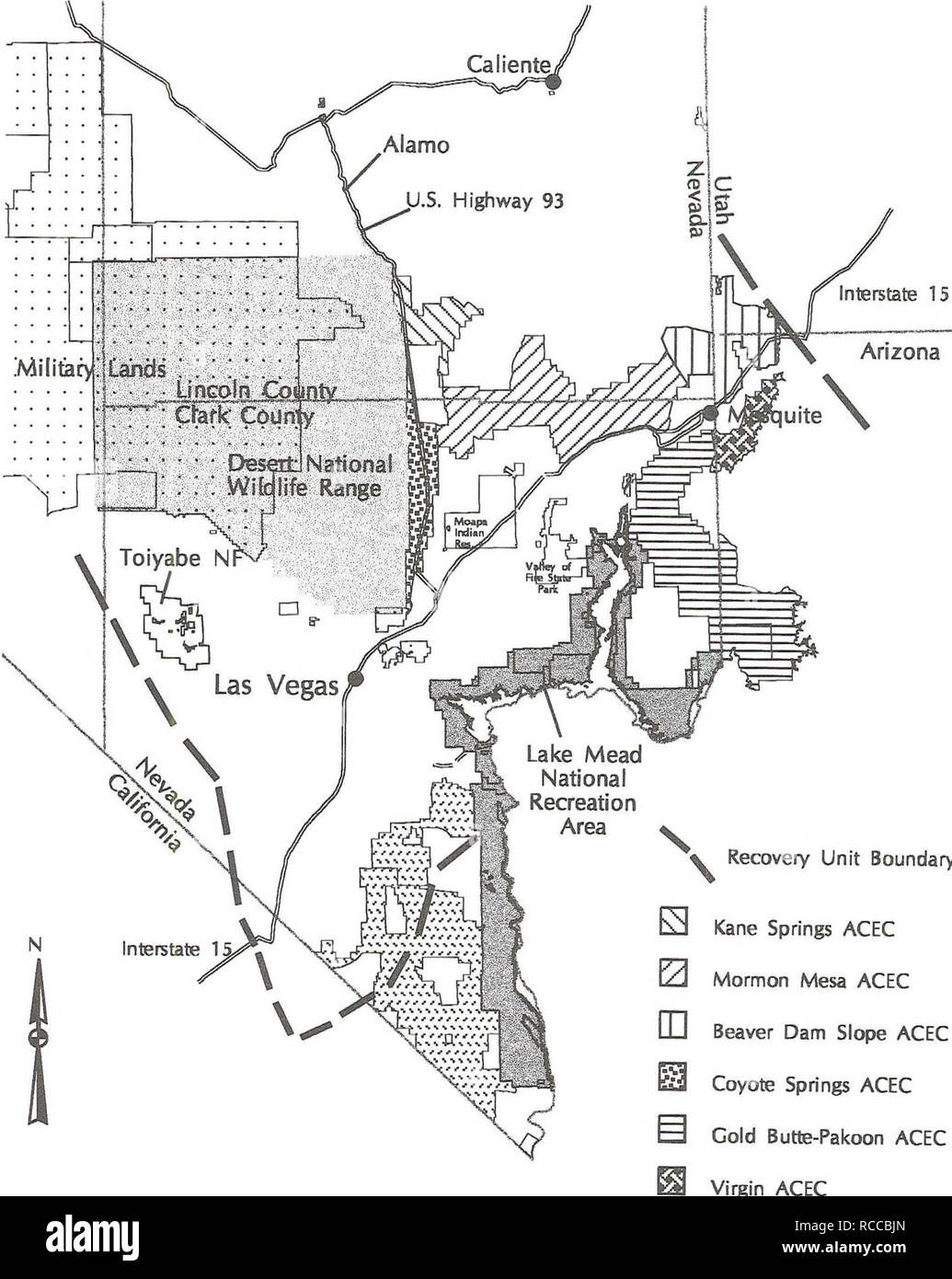 . Proyecto de modificación del Plan Marco de Gestión caliente y la declaración de impacto ambiental para la gestión del hábitat de la tortuga del desierto. Tortuga del desierto; especies amenazadas; la mejora del hábitat de la vida silvestre; uso de la tierra; las tierras públicas. Mapa 4-1 Noreste de Mojave Desert propuesto la unidad de recuperación de áreas de gestión de la tortuga. 20 20 40 Millas Zl 4-75 V Límite unidad de Recuperación 0 Kane Springs ACEC I2j Mormon Mesa ACEC IB Beaver Dam pendiente ACEC Coyote Springs ACEC frío Butte-Pakoon ACEC ACEC ACEC Piute-Eldorado virgen. Por favor tenga en cuenta que estas imágenes son extraídas de la página escaneada imágenes que pueden haber sido digitalmente e Foto de stock
