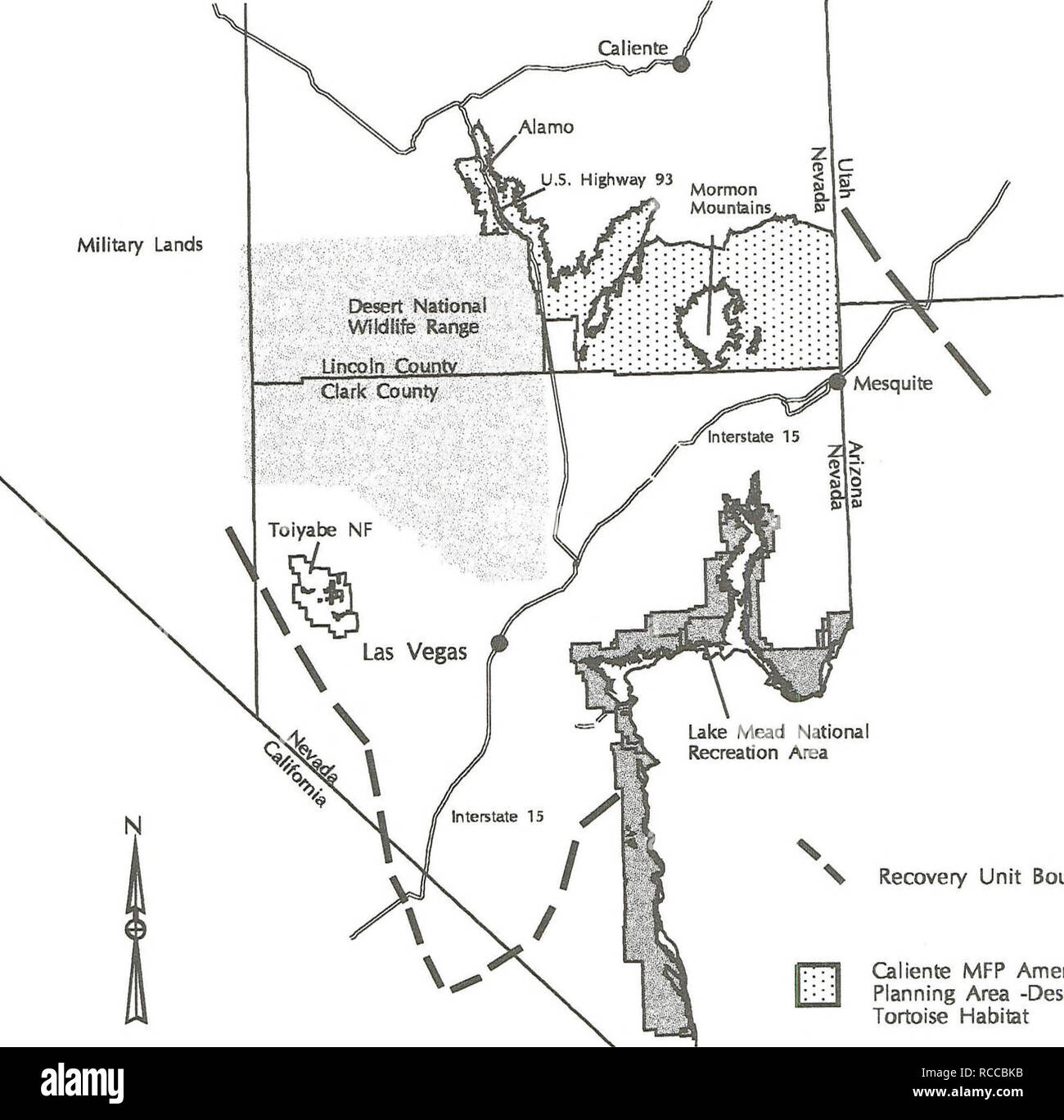 . Proyecto de modificación del Plan Marco de Gestión caliente y la declaración de impacto ambiental para la gestión del hábitat de la tortuga del desierto. Tortuga del desierto; especies amenazadas; la mejora del hábitat de la vida silvestre; uso de la tierra; las tierras públicas. Mapa 1-1 Noreste de Mojave en la unidad de recuperación. Unidad de recuperación frontera caliente MFP Enmienda Área de Planificación -hábitat de tortuga del desierto 50 50 Millas Preparado por: BLM, Ely, Nevada, utilizando ArcyinfoGIS 1-2. Por favor tenga en cuenta que estas imágenes son extraídas de la página escaneada imágenes que podrían haber sido mejoradas digitalmente para mejorar la legibilidad, la coloración y el aspecto de estas ilustraciones pueden no Foto de stock
