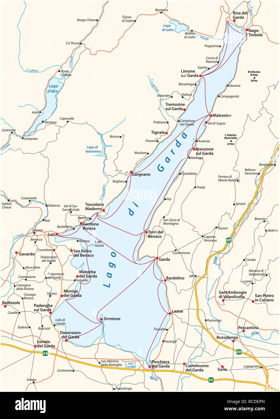 Mapa de la parte superior del lago italiano de Garda, Italia Ilustración del Vector
