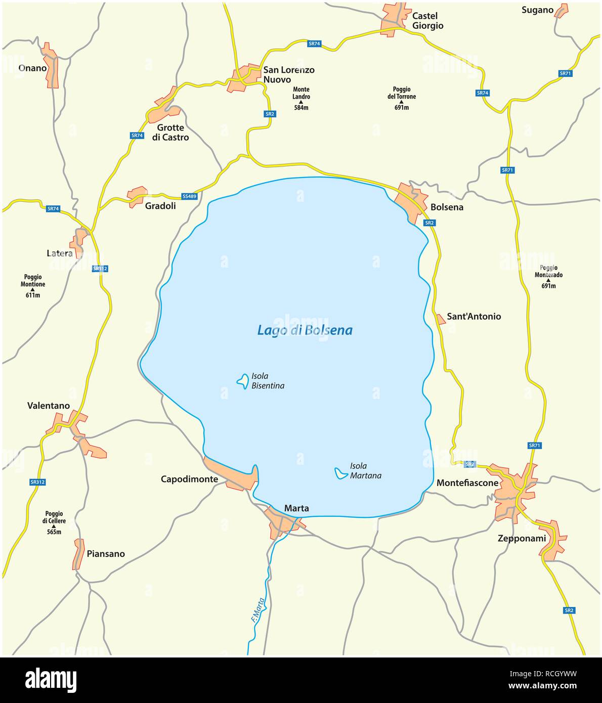 Mapa de la central italiana Lago de Bolsena, Lacio, Italia Ilustración del Vector