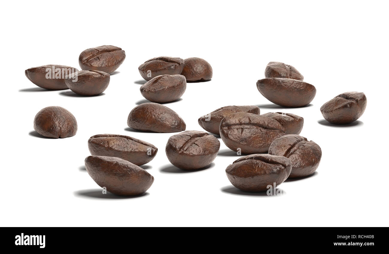 Vista de cerca de un grupo de granos de café en la superficie blanca. Vista en perspectiva sin efecto DOF. Foto de stock