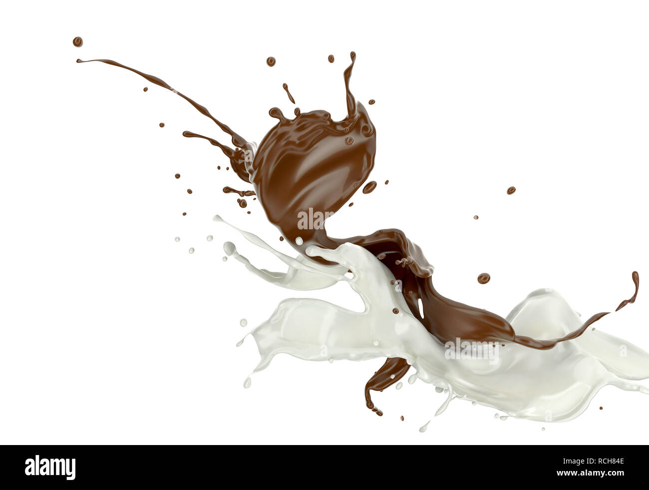 Leche y Chocolate , o salpicaduras de pintura el uno contra el otro en el aire. Sobre un fondo blanco. Foto de stock