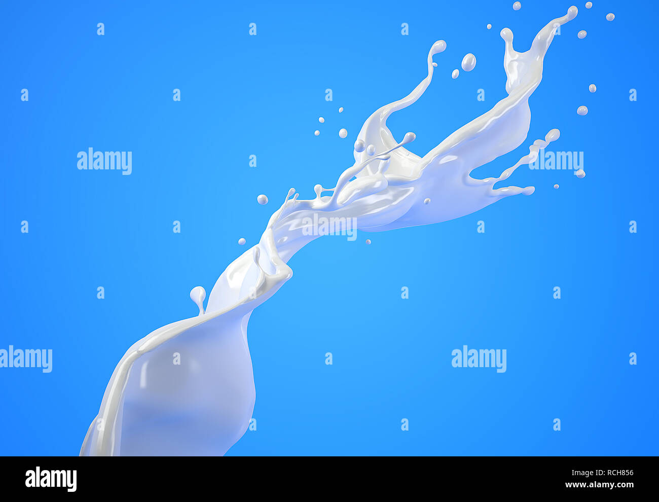 Disparo de leche splash wave en el aire aislado sobre fondo azul. Trazado de recorte incluido. Foto de stock