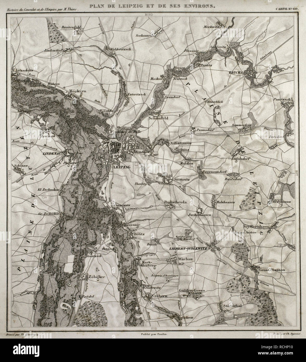 Mapa de Napoleón. Ciudad de Leipzig, Sajonia, Alemania. La batalla de las naciones o batalla de Leipzig tuvo lugar en 1813, en el contexto de las guerras napoleónicas, siendo la primera derrota francesa. Atlas de l'histoire du Consulat et de l'Empire. Historia del Consulado y el imperio francés de Napoleón, por Marie Joseph Louis Adolphe Thiers (1797-1877). Dibujos de Dufour, grabado por Dyonnet. Editado en París, 1864. Foto de stock