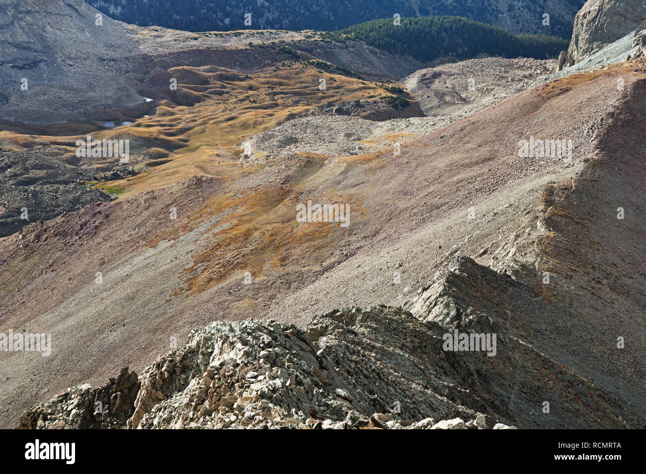 Ver abajo de la cresta noroeste del monte Lindsey en la Sangre de Cristo Range de las Montañas Rocallosas de Colorado Foto de stock