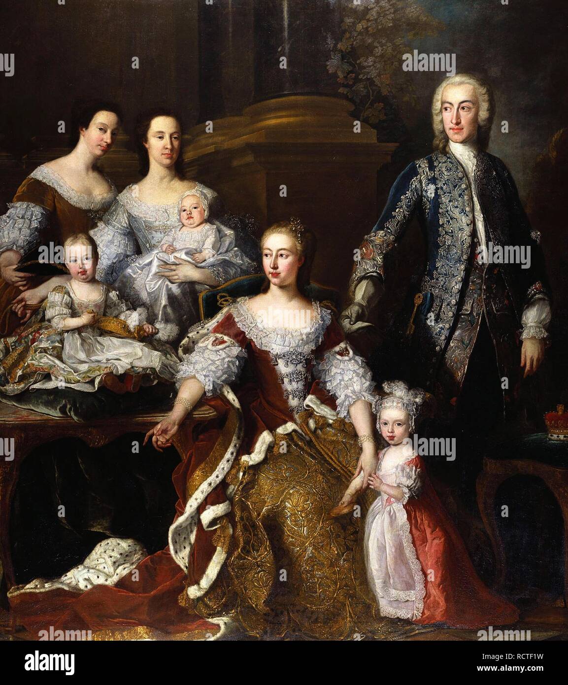 Augusta de Sax-Gotha, Princesa de Gales, con miembros de su familia y hogar. Museo: colección real, Londres. Autor: Loo, JEAN BAPTISTE VAN. Foto de stock