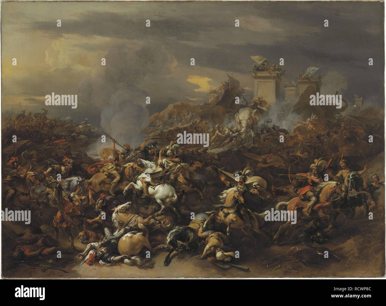 La batalla de Alejandro Magno contra el rey Porus. Museo: Colección privada. Autor: Berchem, Nicolaes Pietersz (Claes), el anciano. Foto de stock