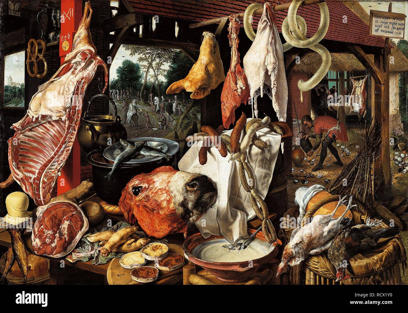 Butcher's stand con la Huida a Egipto. Museo: colecciones de arte de la Universidad, de la Universidad de Uppsala, Suecia. Autor:, Pieter AERTSEN. Foto de stock