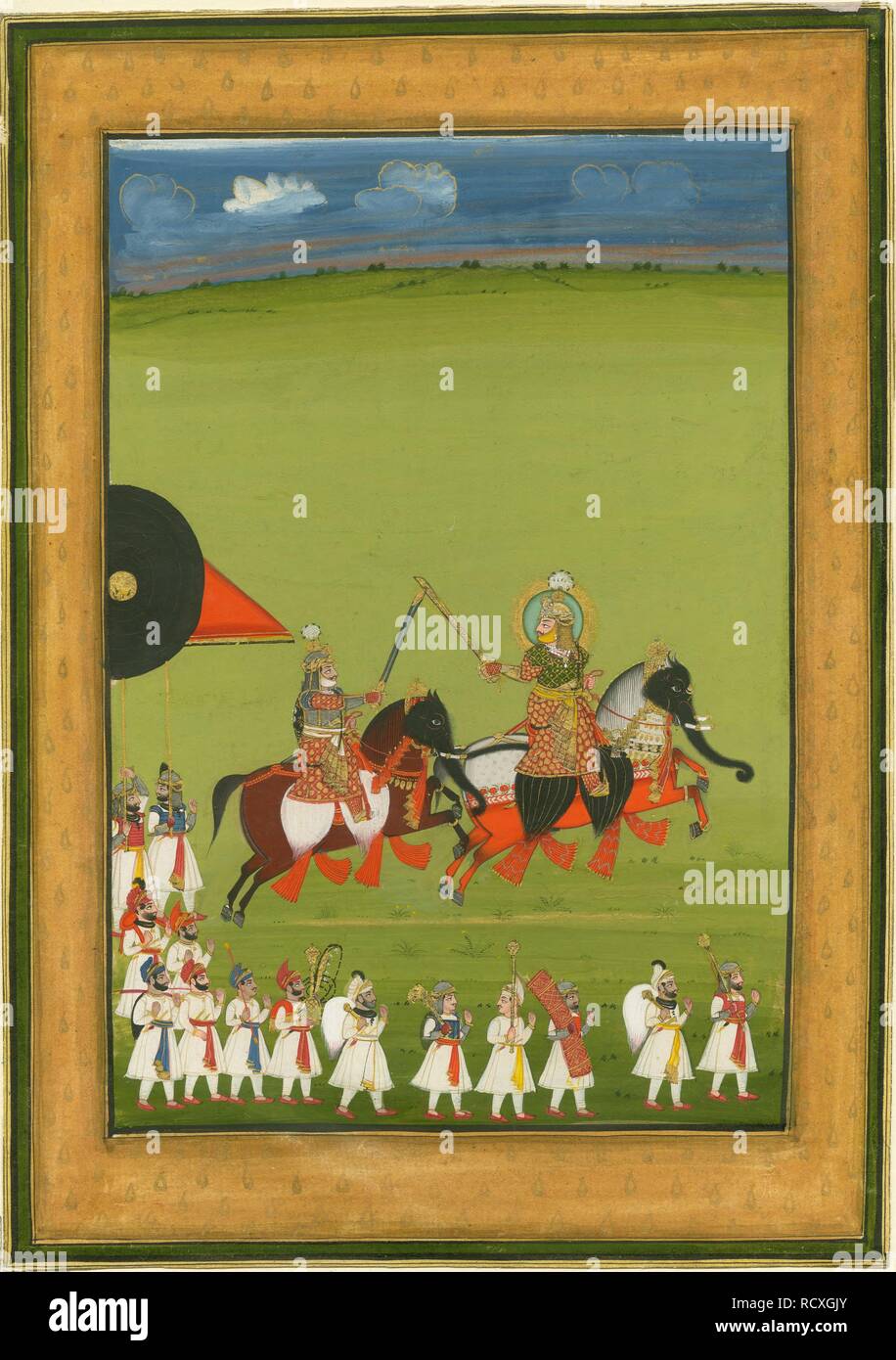 Rajá e hijo de caballos disfrazados de elefantes, y la suite de asistentes. Museo: Colección privada. Autor: arte indio. Foto de stock