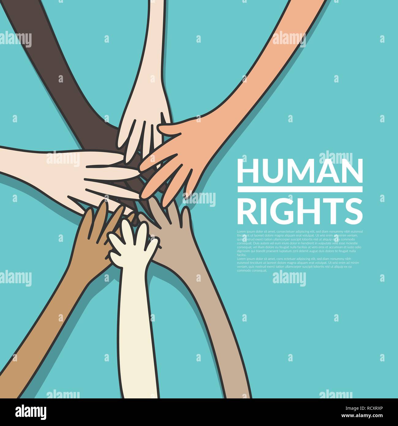 Los derechos humanos y unidad concepto. jóvenes de nacionalidad múltiple personas poniendo sus manos pila juntos. ilustración vectorial, diseño plano Ilustración del Vector