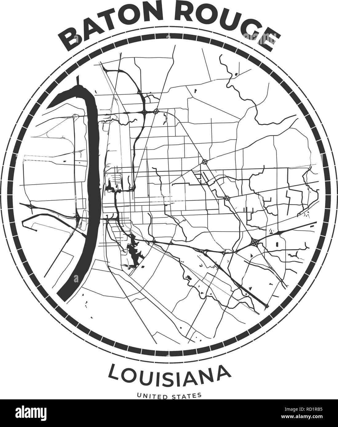 Tshirt mapa insignia de Baton Rouge, Louisiana. Tee shirt tipografía