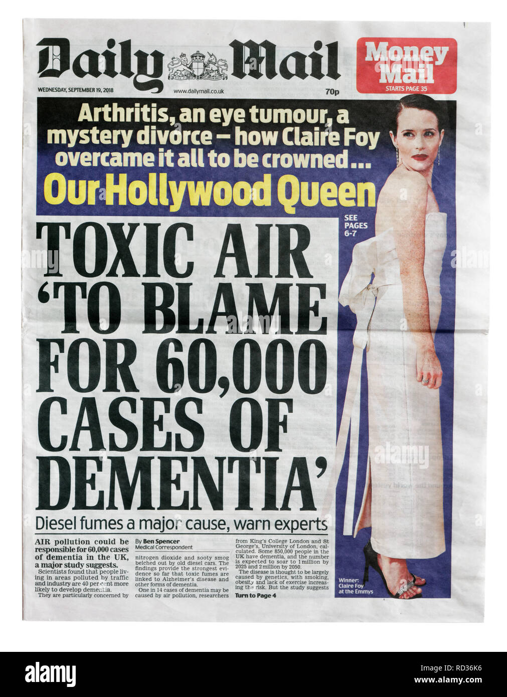 La portada del Daily Mail desde el 19 de septiembre de 2108 sobre la contaminación del aire y los gases de diesel están vinculados a demetia Foto de stock