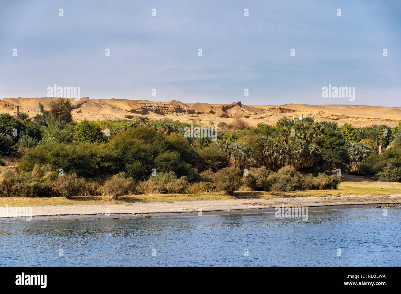 La orilla del río Nilo, lleno de vegetación y el desierto del Sahara en