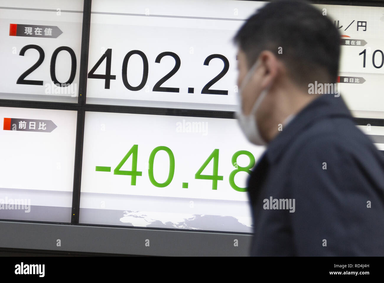 Enero 17, 2019 - Tokio, Japón - un hombre camina a lo largo de un tablero electrónico de valores mostrando Japón el Nikkei Stock promedio, que terminó abajo 40.48 puntos o 0.20 por ciento para cerrar en 20,402.27. El más amplio Topix índice agregado 0,35 por ciento o 5,43 puntos hasta situarse en 1,543.20. (Crédito de la Imagen: © Rodrigo Reyes Marin/ZUMA Wire) Foto de stock