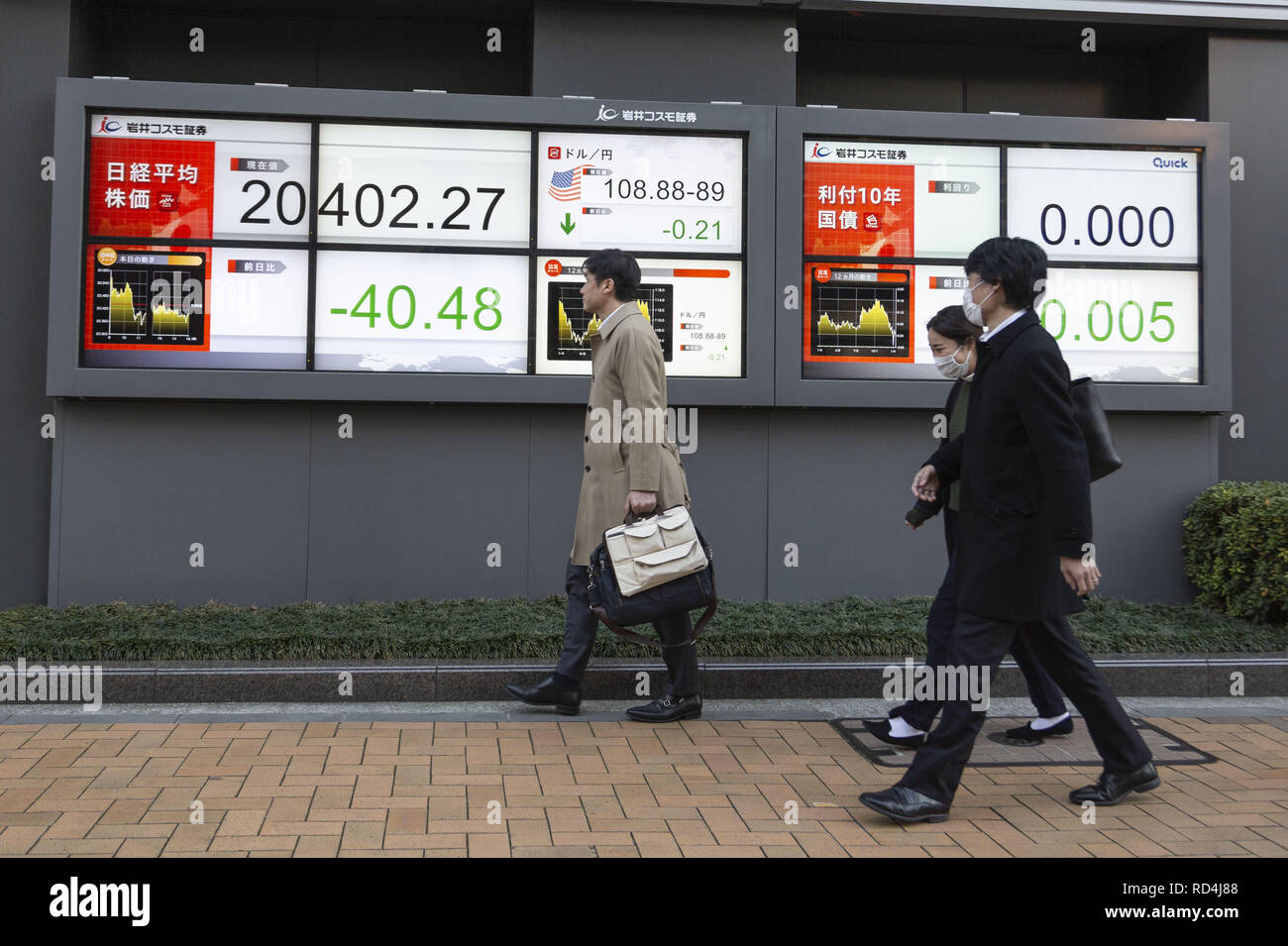 Enero 17, 2019 - Tokio, Japón - Los peatones camina más allá de un tablero electrónico de valores mostrando Japón el Nikkei Stock promedio, que terminó abajo 40.48 puntos o 0.20 por ciento para cerrar en 20,402.27. El más amplio Topix índice agregado 0,35 por ciento o 5,43 puntos hasta situarse en 1,543.20. (Crédito de la Imagen: © Rodrigo Reyes Marin/ZUMA Wire) Foto de stock