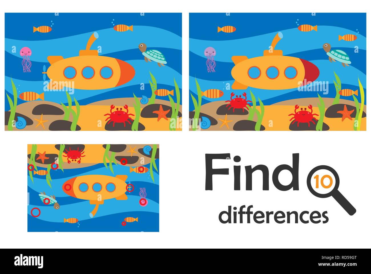 Encontrar 10 diferencias, juegos para niños, el mundo subacuático del mar  en el estilo de dibujos animados, juego para niños de educación preescolar,  la actividad de la hoja de cálculo, una tarea