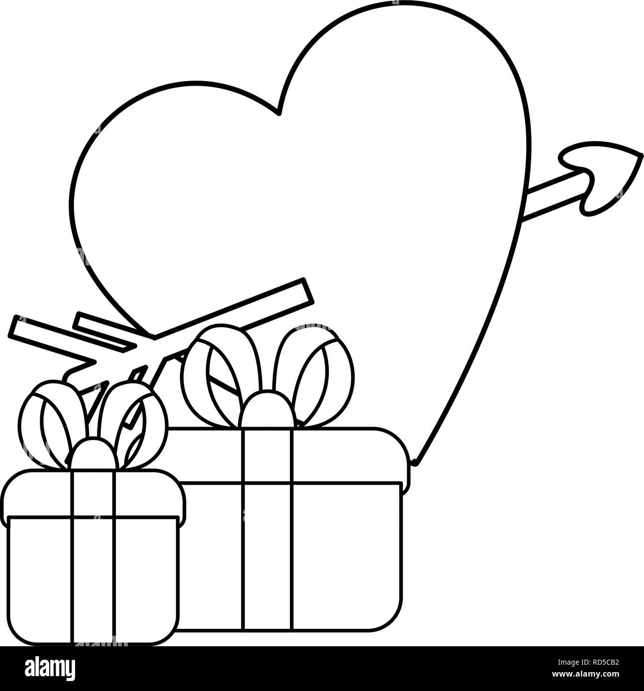 Regalos y corazón traspasado flecha feliz día de San Valentín ilustración  vectorial Imagen Vector de stock - Alamy